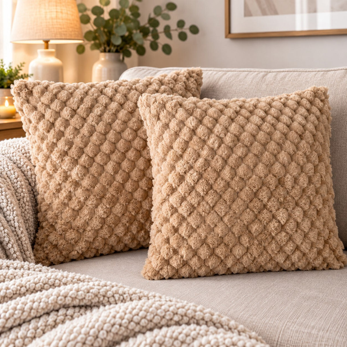 Honeycomb Plush Cushion Covers 55x55cm – Soft Beige Decorative Pillow Covers