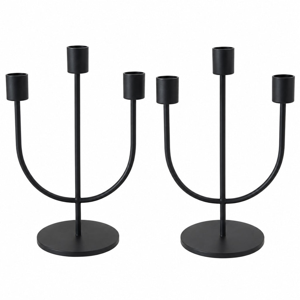 Set of 2 Black Metal 3 Arm Candle Holders Modern Candelabra 26cm