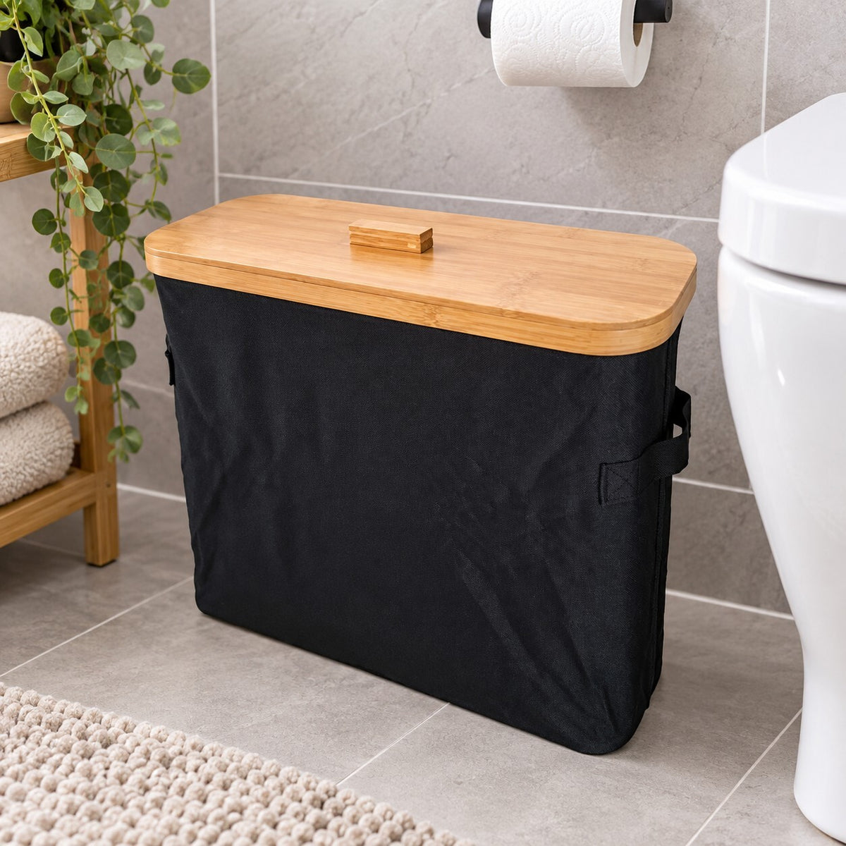 Toilet Roll Storage Basket with Bamboo Lid – Black Bathroom Organiser 45x16x37cm