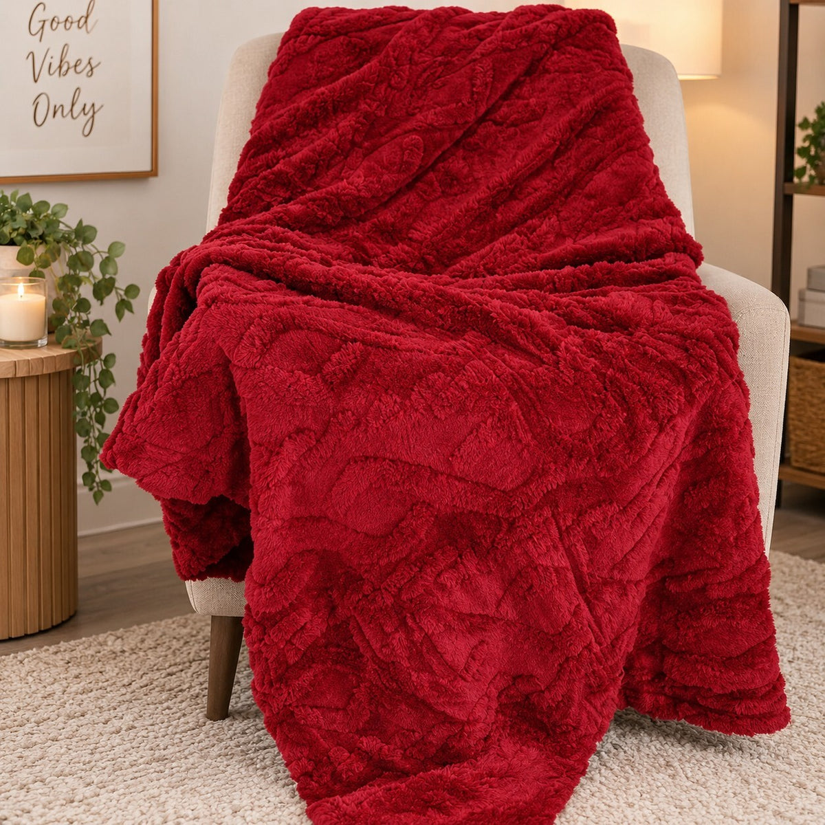 Dark Red Jacquard Sherpa Fleece Throw Blanket – Soft Cosy 130x150cm