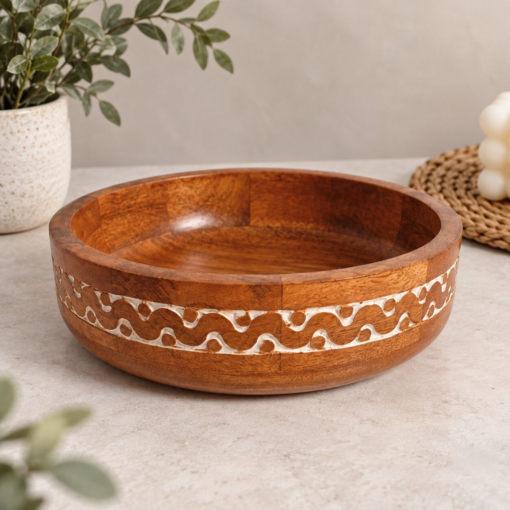 Wooden Fruit Salad Serving Bowl 25.4cm Modern Farmhouse Kitchen Décor