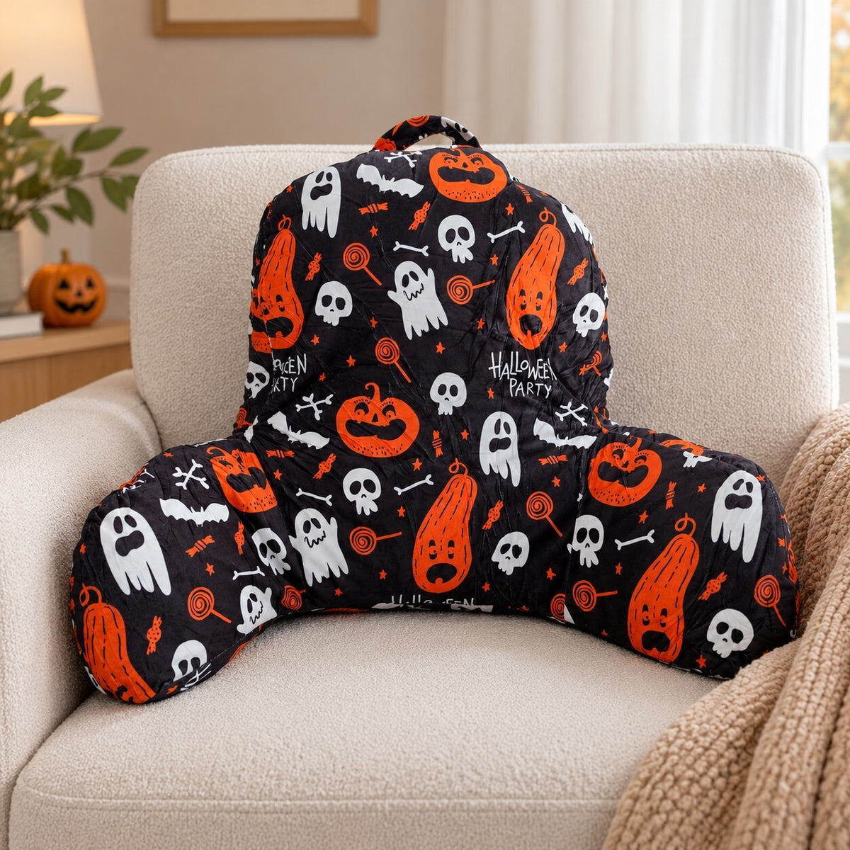 Halloween Backrest Reading Cushion with Armrests – Ghosts & Pumpkins 64cm