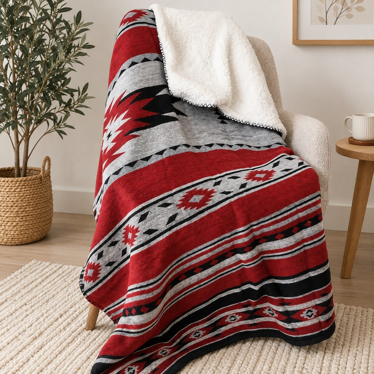 Aztec Sherpa Throw Blanket 130x150cm Soft Cosy Fleece Sofa Bed Blanket