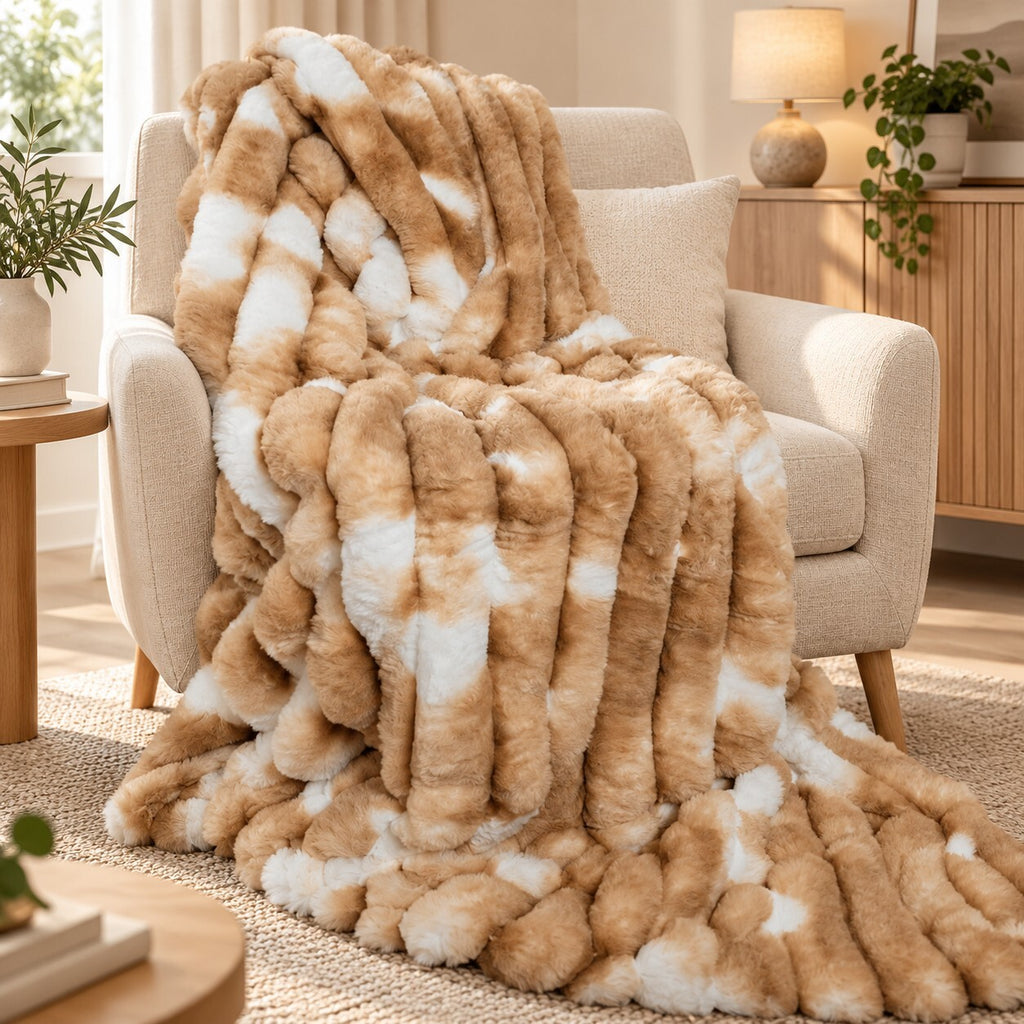 Luxury Faux Fur Throw Blanket 150x200cm Super Soft Plush Beige & Cream Bed Sofa