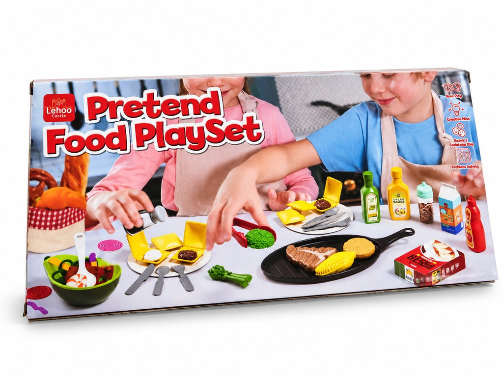 Kids Pretend Food Playset with Kitchen Accessories – Ravioli, Steak, Salad & Bread Role Play Set