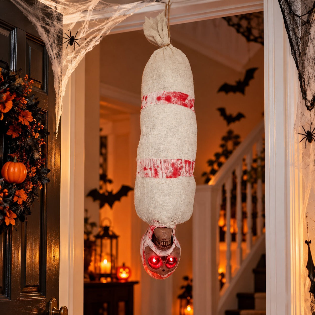 35" Scary Hanging Halloween Animated Zombie Ghost Prop with Cobwebs & Spiders