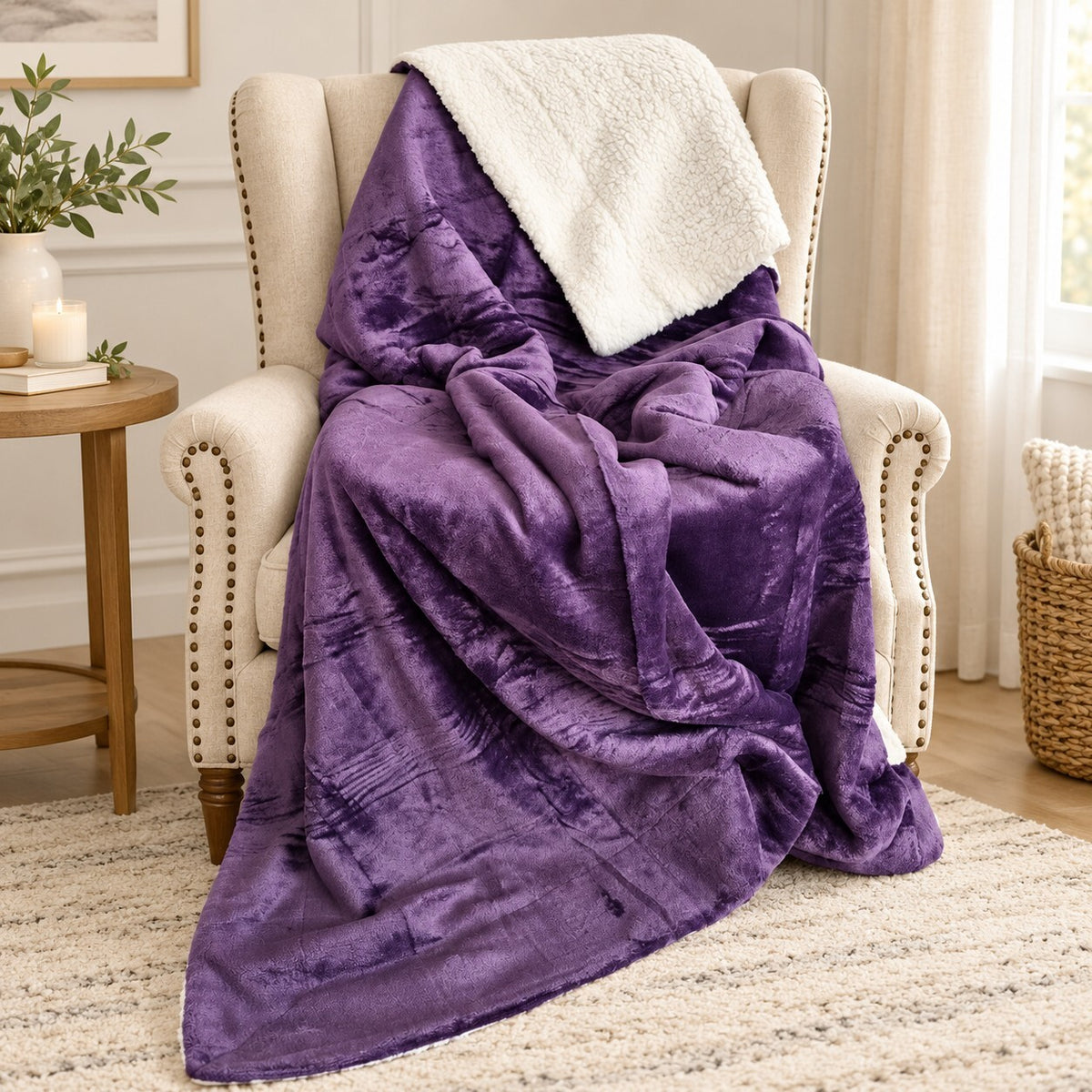 Purple Sherpa Fleece Throw Blanket – Soft Fluffy Reversible 150x200cm