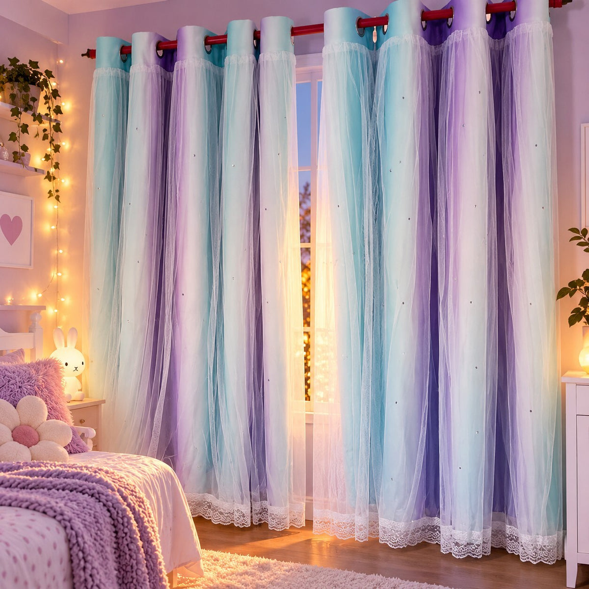 Pastel Rainbow Blackout Curtains with Lace Voile – 52 x 54 Inches