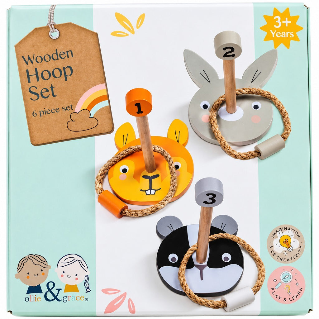 Wooden Animal Hoop Ring Toss Game – 6 Piece Set – Kids 3+