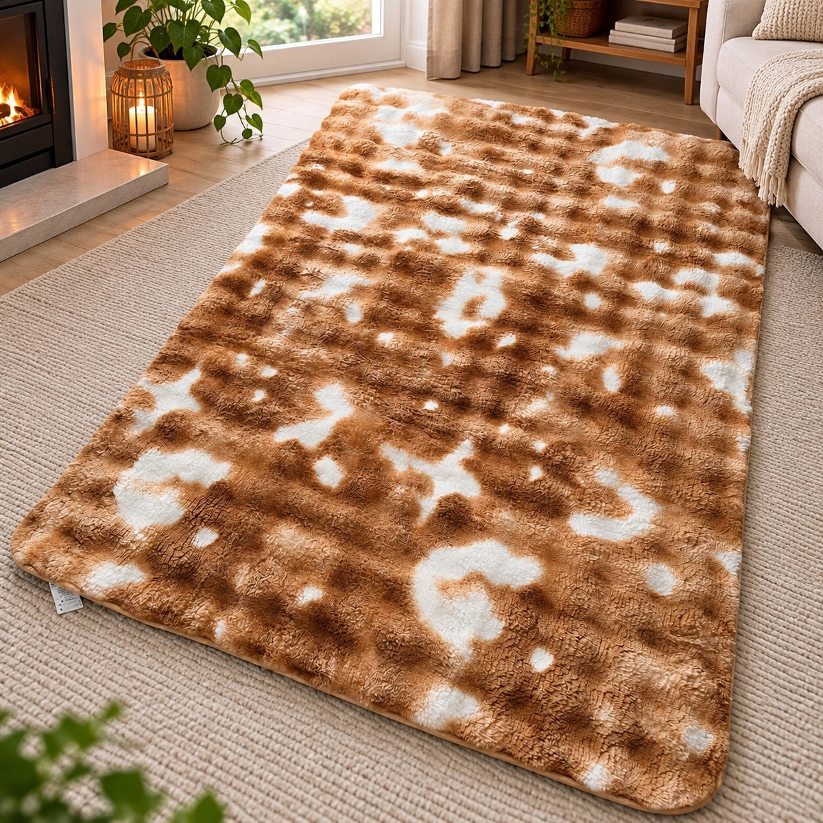 Brown & Cream Plush Area Rug 120x170cm – Soft Animal Print Bedroom Living Room Rug