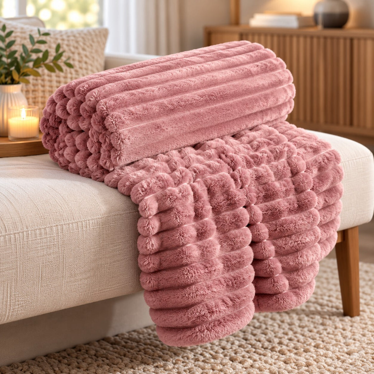 Pink Fluffy Fleece Throw Blanket 130x150cm Soft Ribbed Cosy Blanket
