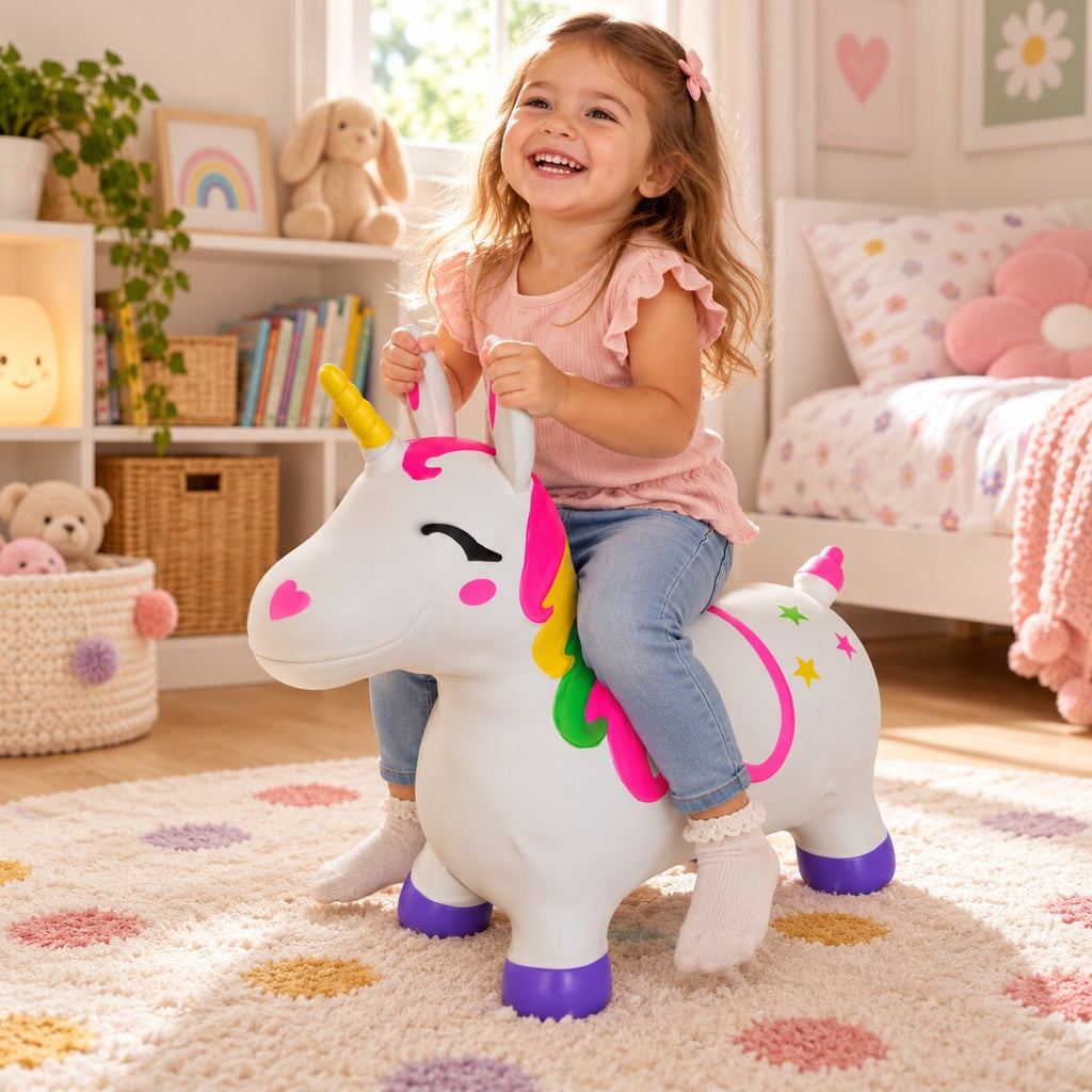 Kids Inflatable Unicorn Bouncy Hopper Ride On Toy White Rainbow Indoor Outdoor