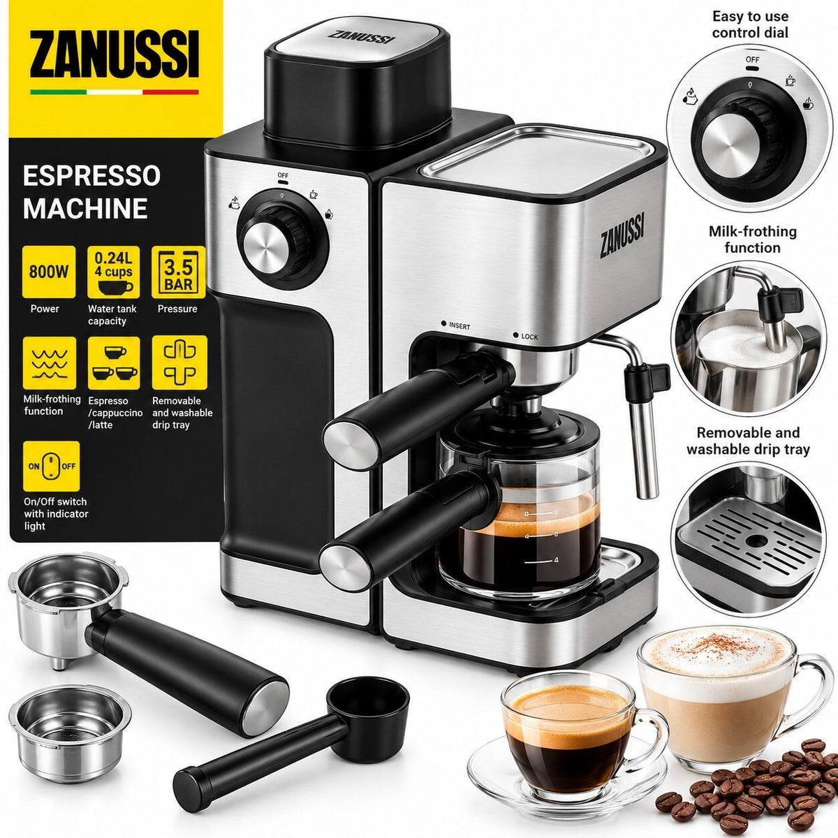 Zanussi ZES-485 Espresso Coffee Machine 800W – 3.5 Bar – Milk Frother – 4 Cup