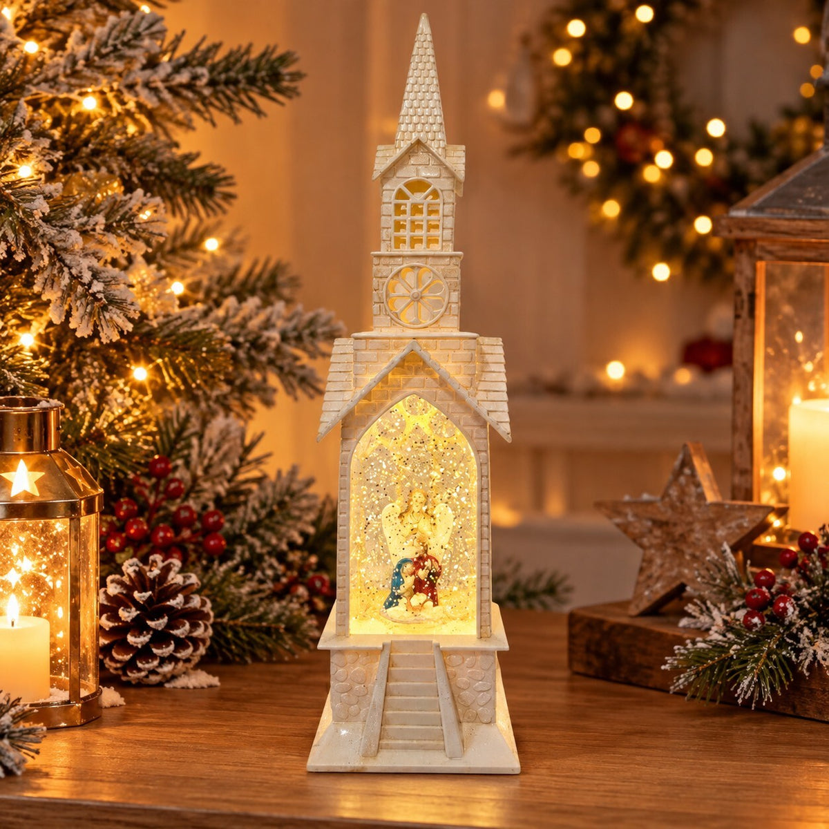 36cm LED Light Up Christmas Church Nativity Scene with Glitter & Timer