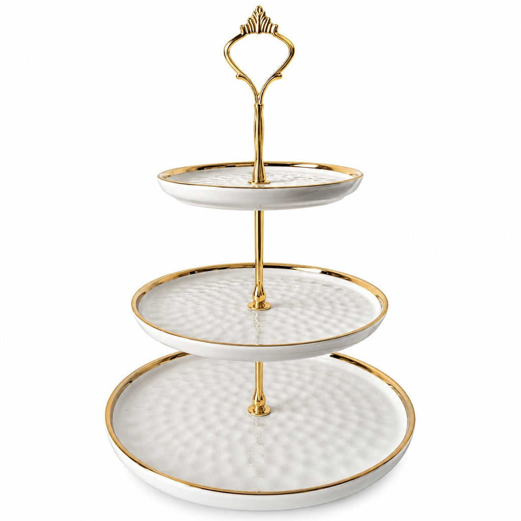 3 Tier Ceramic Serving Stand White & Gold – Cake Fruit Dessert Display 38cm