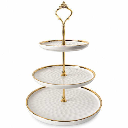 3 Tier Ceramic Serving Stand White & Gold – Cake Fruit Dessert Display 38cm