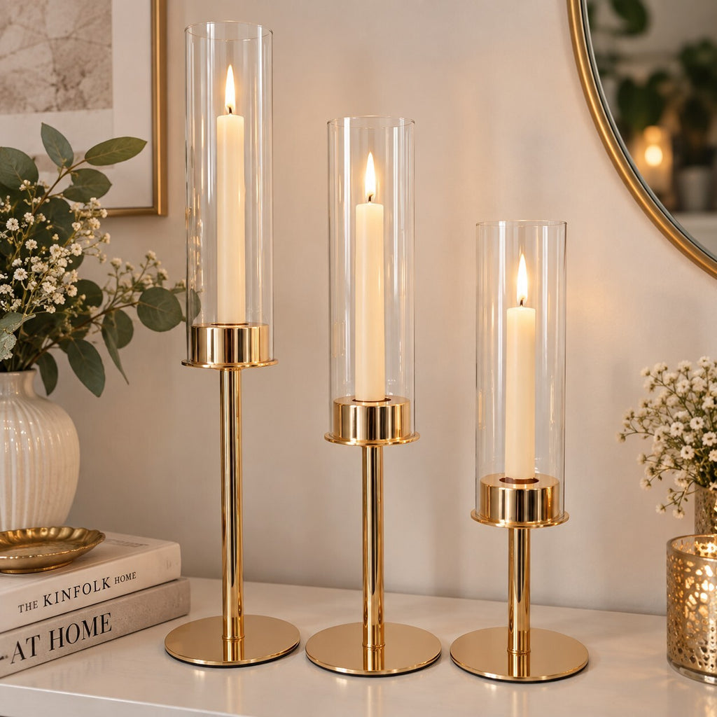 Set of 3 Gold Hurricane Candle Holders with Glass Chimneys 47/41/36cm