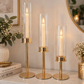 Set of 3 Gold Hurricane Candle Holders with Glass Chimneys 47/41/36cm