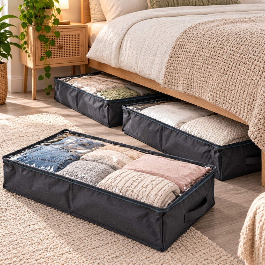 4 Pack Underbed Storage Bags Grey Zip Organisers 100 x 50 x 17 cm