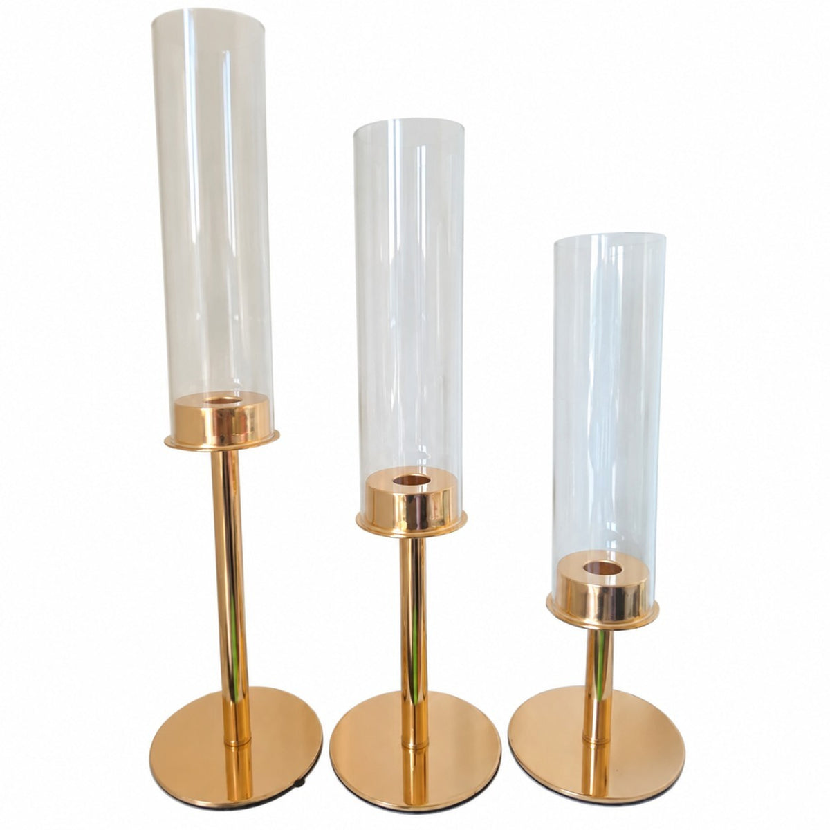Set of 3 Gold Hurricane Candle Holders with Glass Chimneys 47/41/36cm