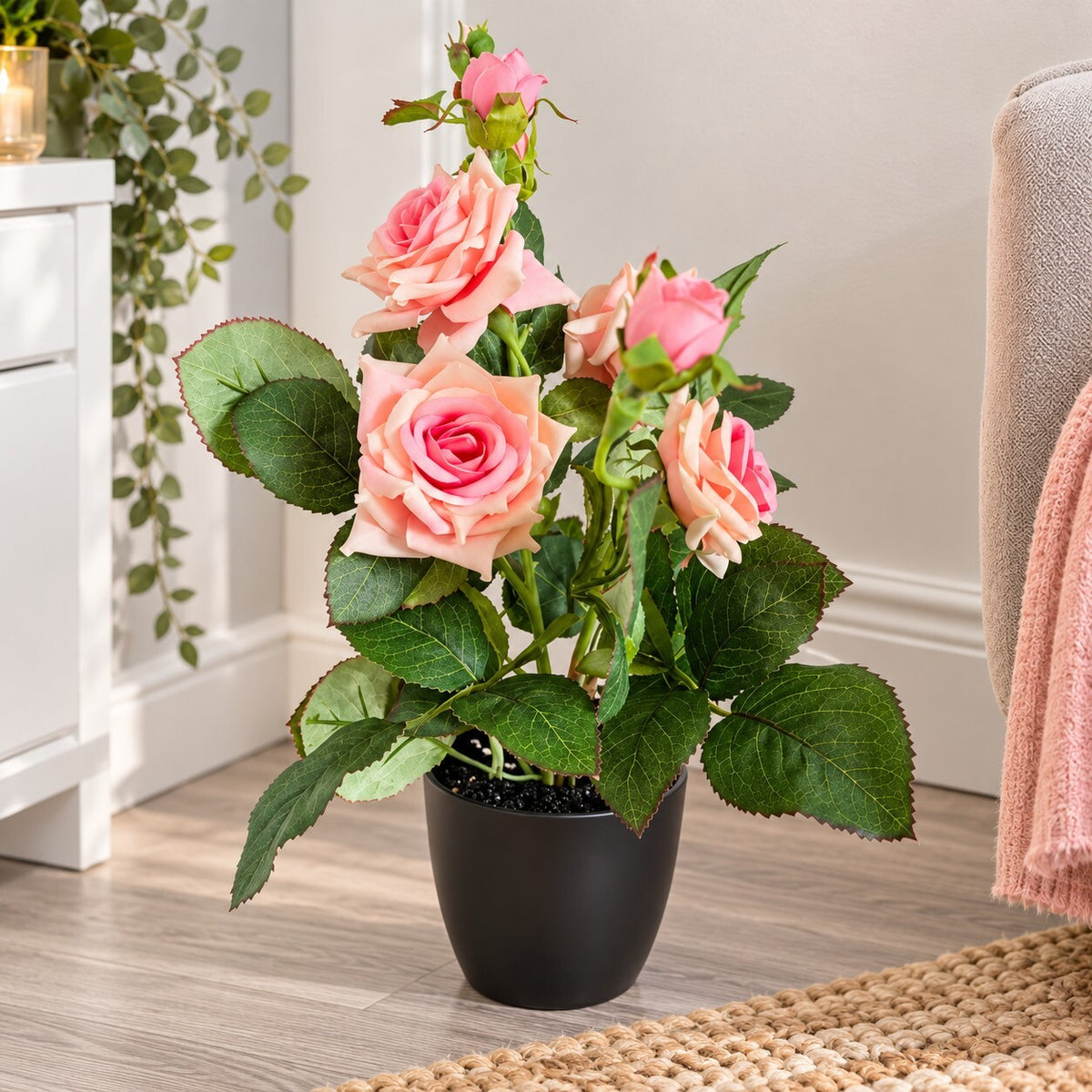 Artificial Pink Rose Plant in Black Pot – 38cm Decorative Faux Flowers