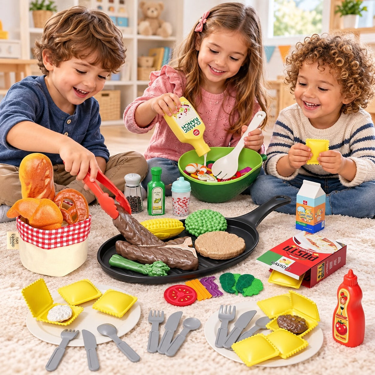 Kids Pretend Food Playset with Kitchen Accessories – Ravioli, Steak, Salad & Bread Role Play Set