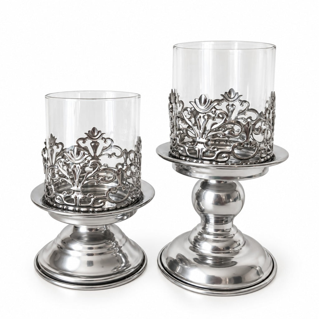 Luxury Set of 2 Silver Hurricane Candle Holders with Glass Shades 16 & 20cm