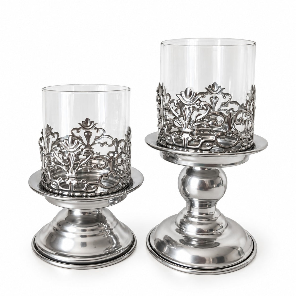 Luxury Set of 2 Silver Hurricane Candle Holders with Glass Shades 16 & 20cm