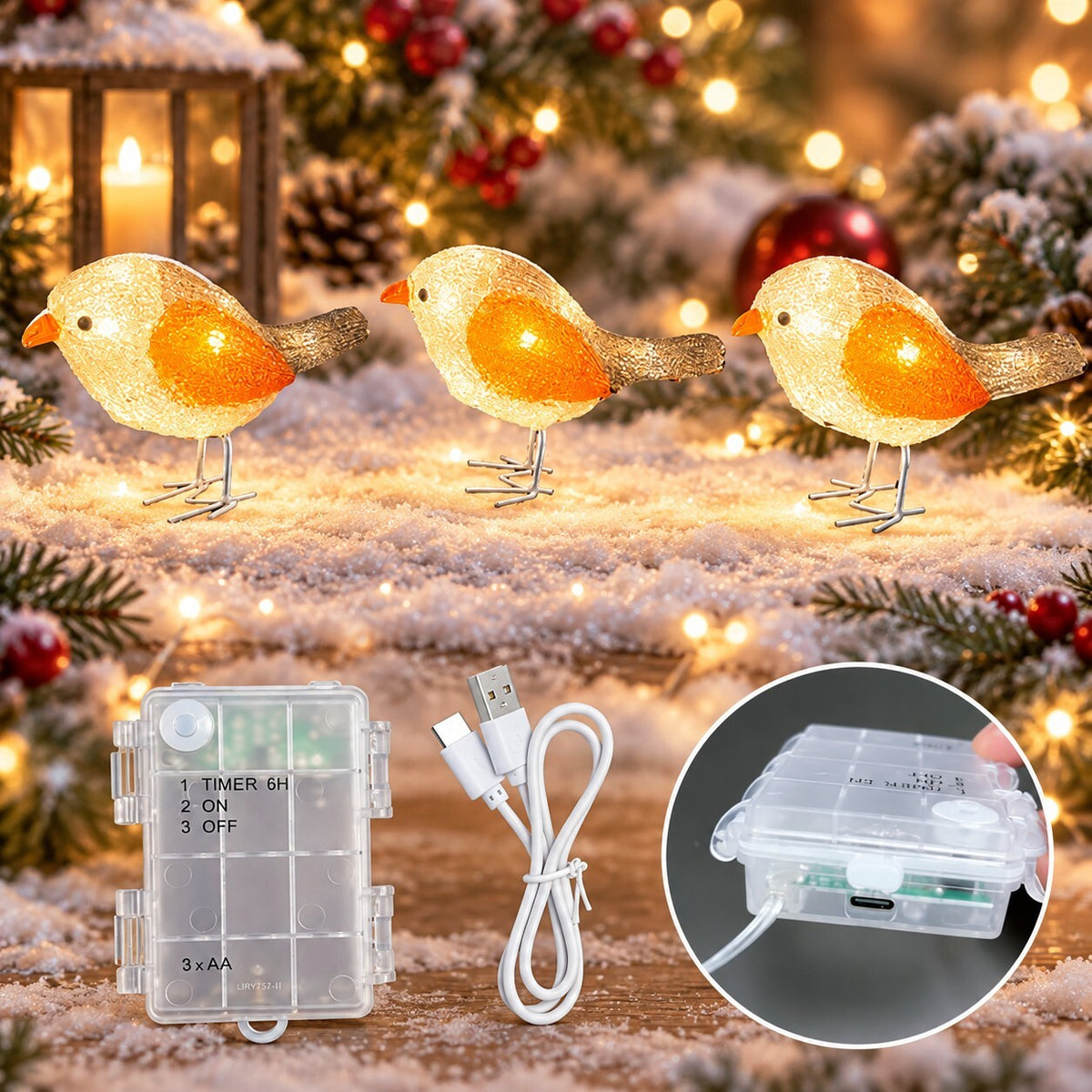Set of 3 Light Up Robin Birds – Warm White LED
