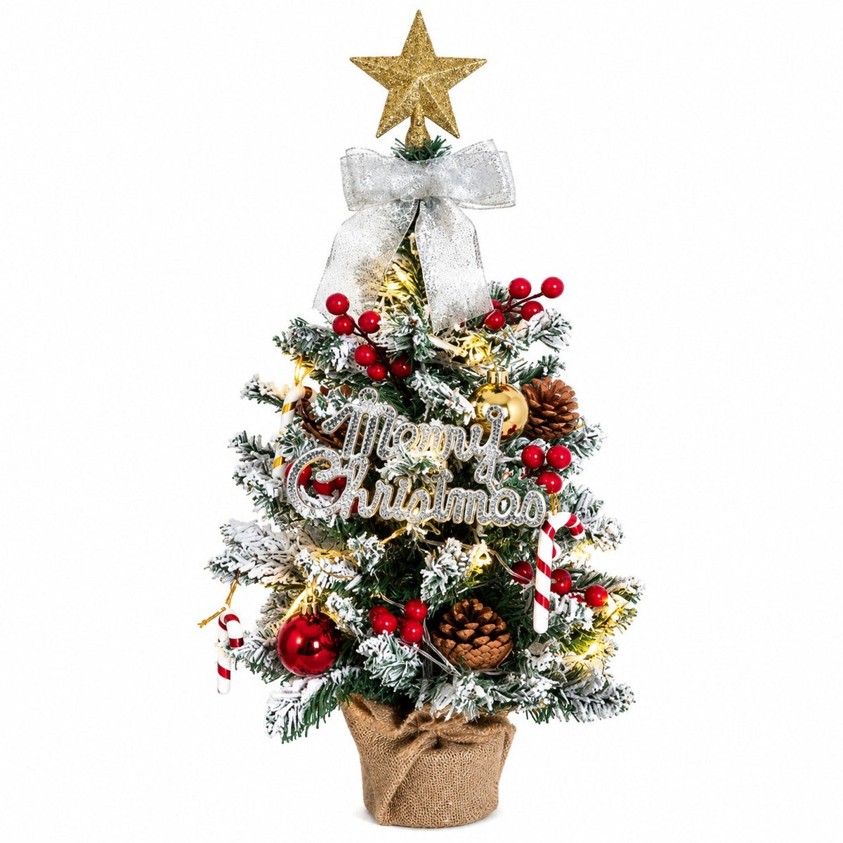 65cm Pre-Lit Decorated Christmas Tree – Warm White Lights, Berries, Pine Cones