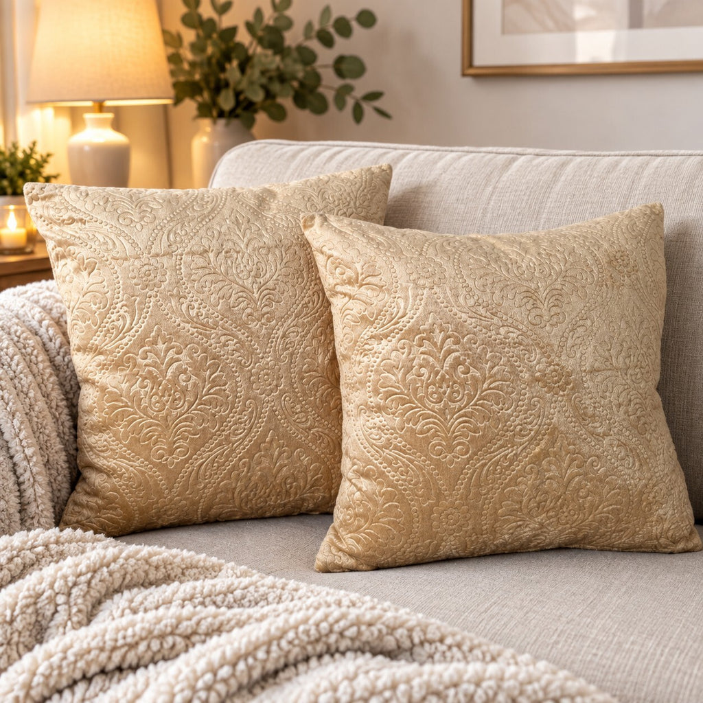 Beige Embossed Damask Cushion Cover 40x40cm – Luxury Decorative Pillow Cover