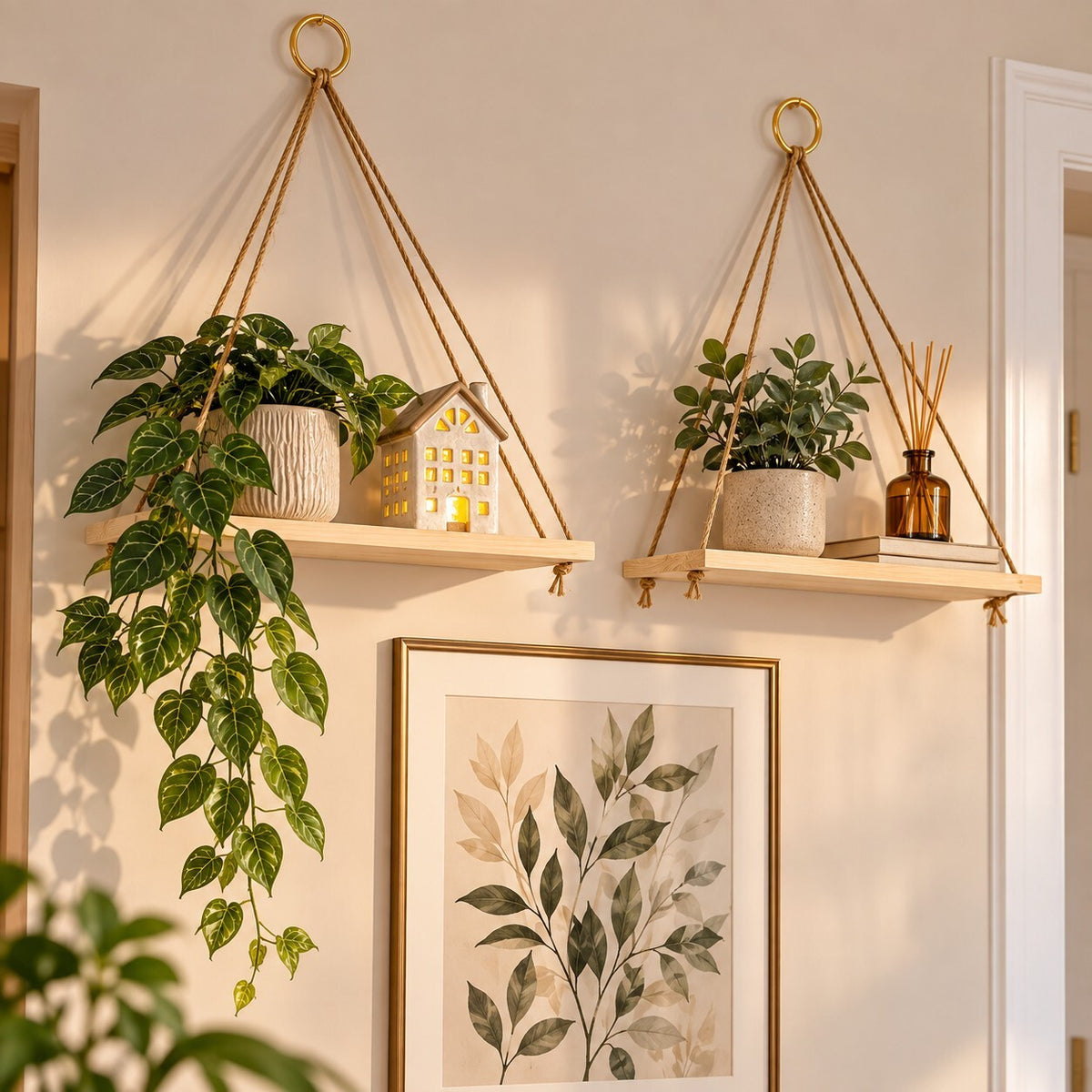 Set of 2 Boho Hanging Wooden Rope Shelves – 35 x 14cm