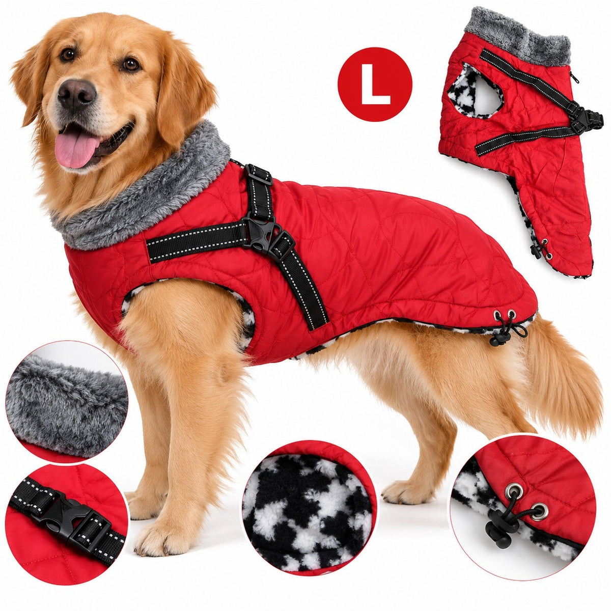 Red Dog Winter Coat with Built-In Harness & Reflective Straps Size L
