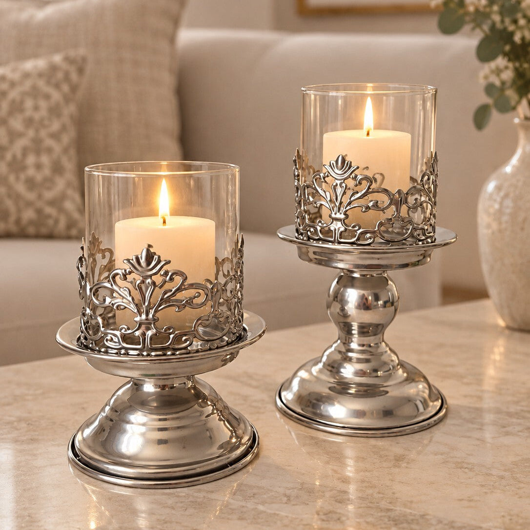 Luxury Set of 2 Silver Hurricane Candle Holders with Glass Shades 16 & 20cm