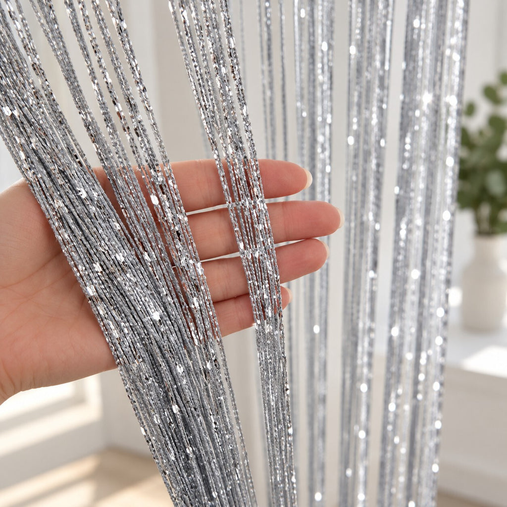 2pcs Grey Glitter String Spaghetti Door Window Curtains 100 x 200cm Each