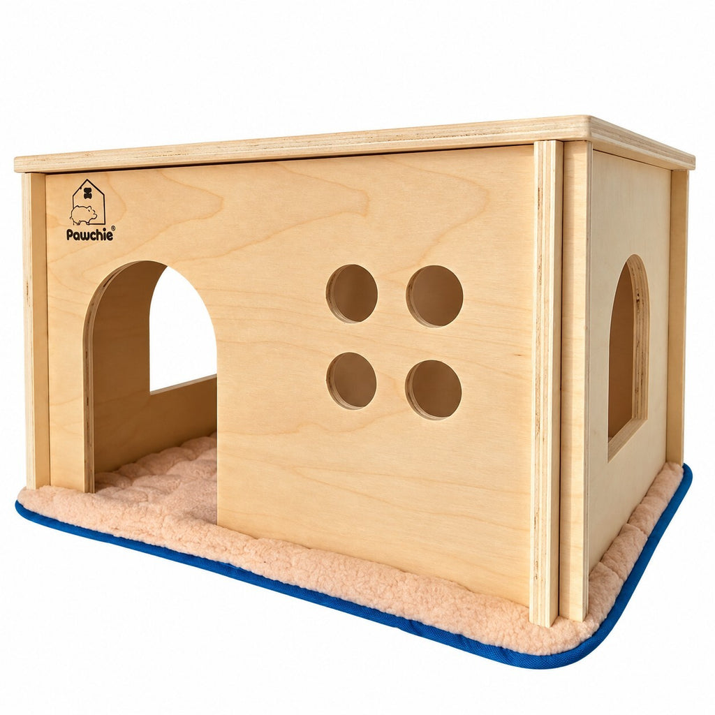 Wooden Guinea Pig Small Pet Hideout House with Soft Mat – 30x24x19cm
