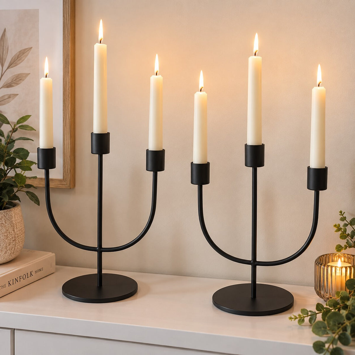 Set of 2 Black Metal 3 Arm Candle Holders Modern Candelabra 26cm