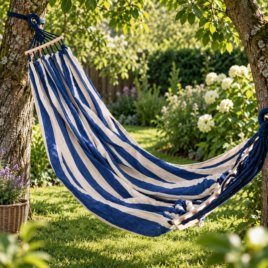 Blue & White Outdoor Camping Hammock with Spreader Bars 275x155cm