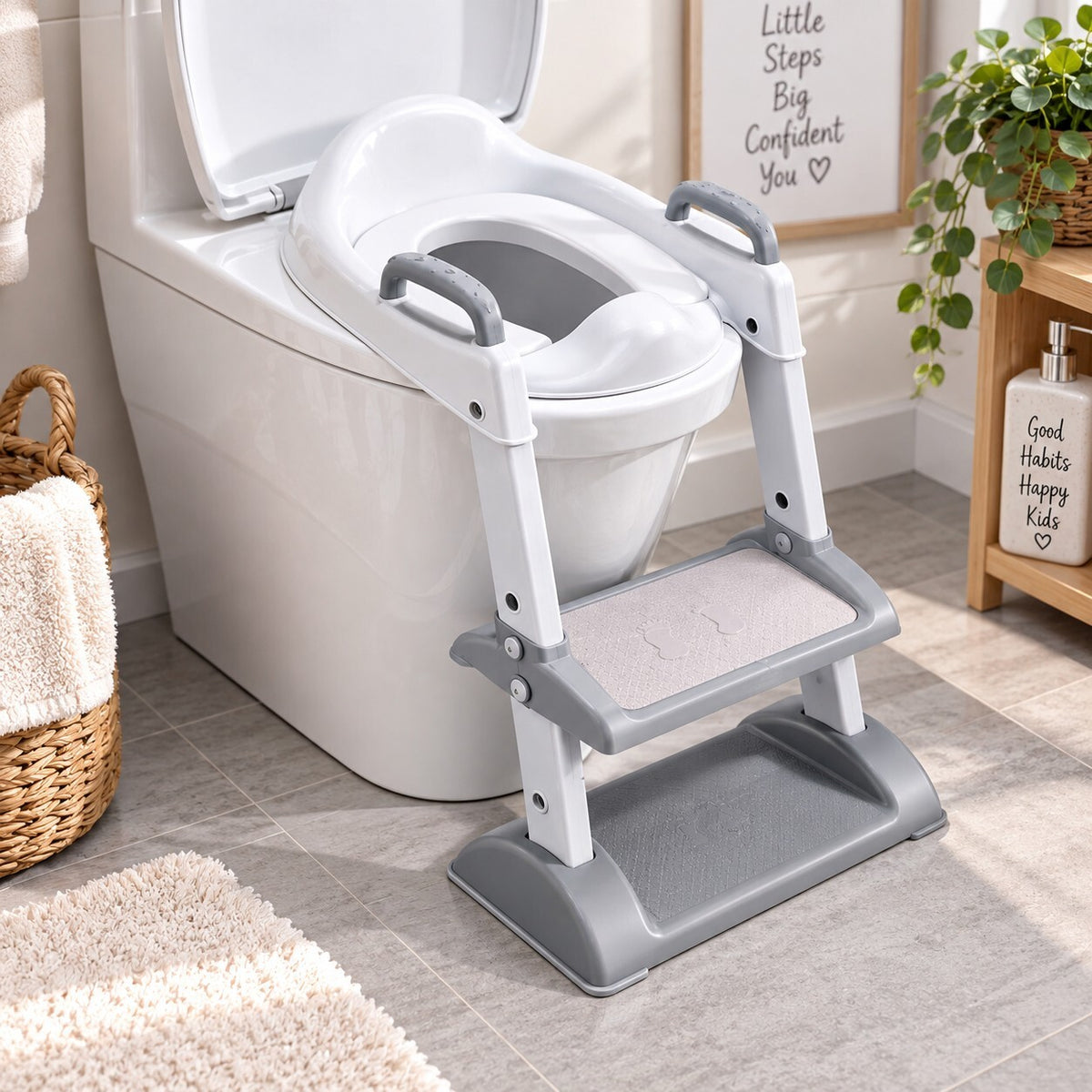 Kids Toilet Training Seat with Step Ladder & Handles – Grey & White