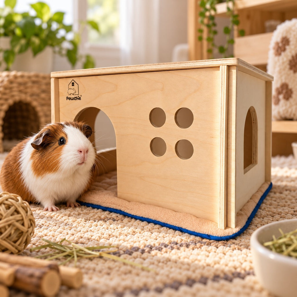 Wooden Guinea Pig Small Pet Hideout House with Soft Mat – 30x24x19cm