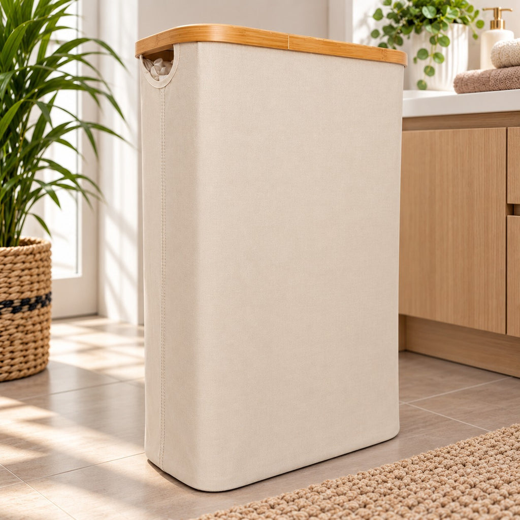 48L Slim Laundry Basket Bamboo Frame Lid Foldable Washing Hamper