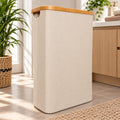 48L Slim Laundry Basket Bamboo Frame Lid Foldable Washing Hamper