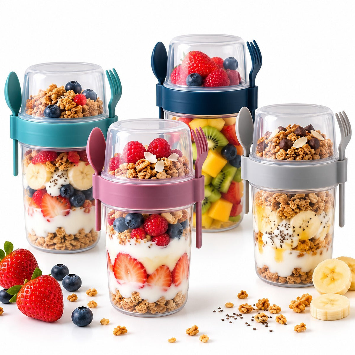 4 Pack 650ml / 22oz Food Storage Cups with Spoon & Fork Lids