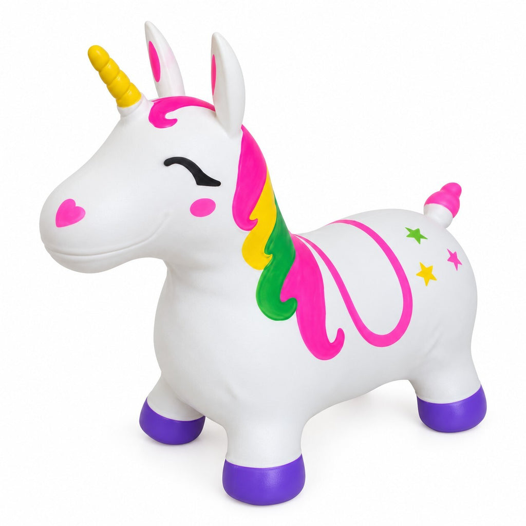 Kids Inflatable Unicorn Bouncy Hopper Ride On Toy White Rainbow Indoor Outdoor