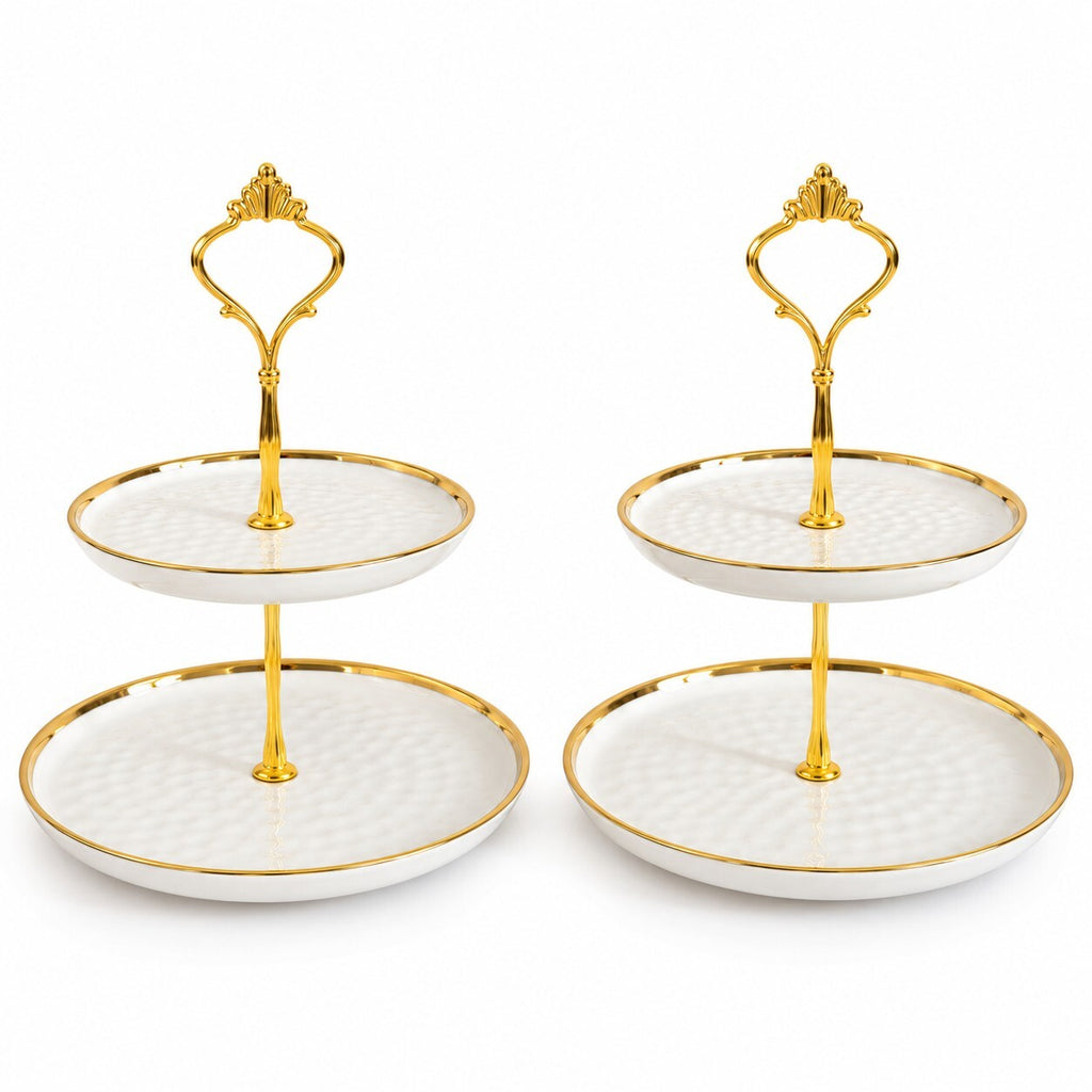 Set of 2 Tier Ceramic Cake Stand White & Gold Afternoon Tea Serving Plate 25cm