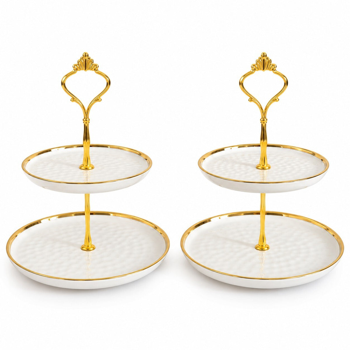 Set of 2 Tier Ceramic Cake Stand White & Gold Afternoon Tea Serving Plate 25cm