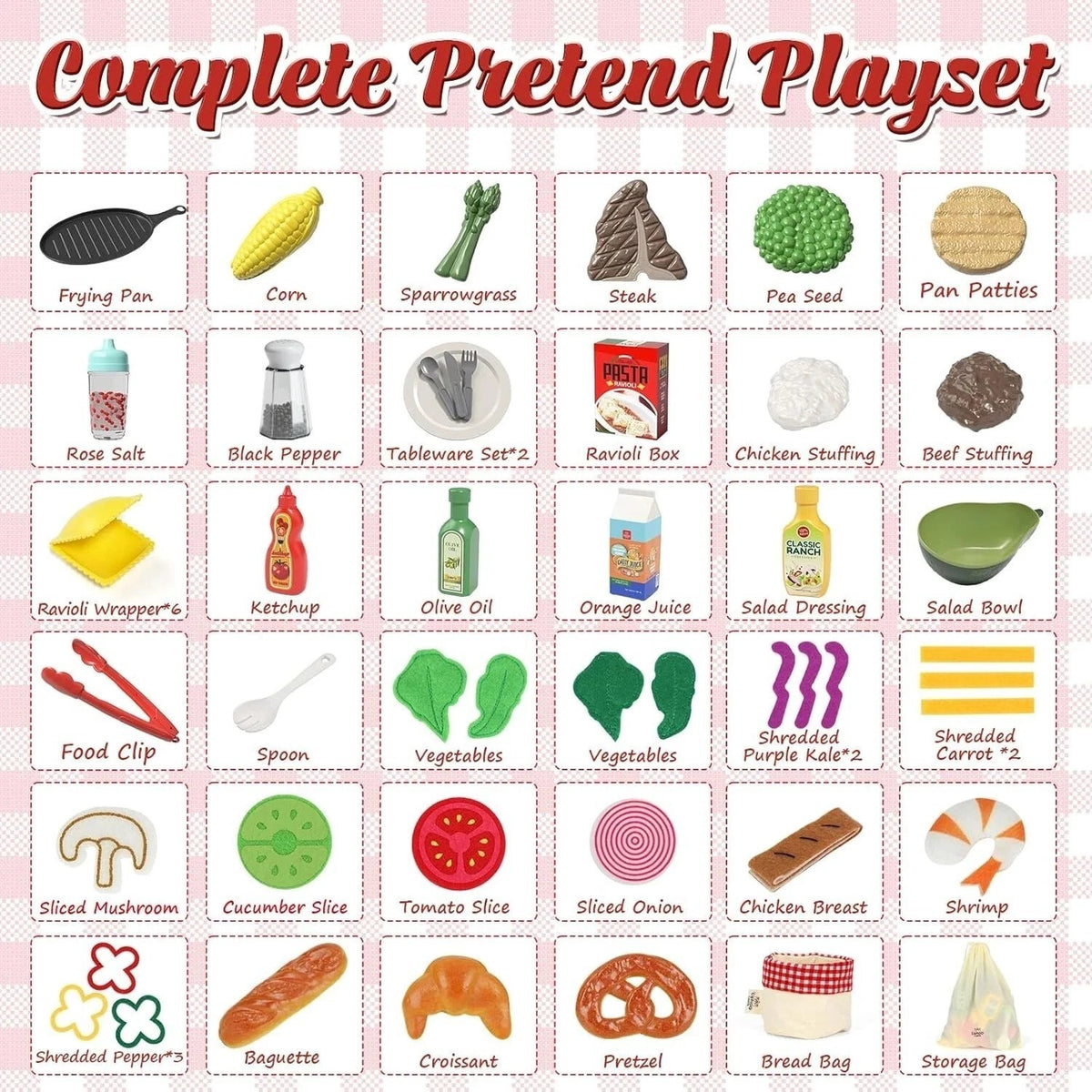 Kids Pretend Food Playset with Kitchen Accessories – Ravioli, Steak, Salad & Bread Role Play Set