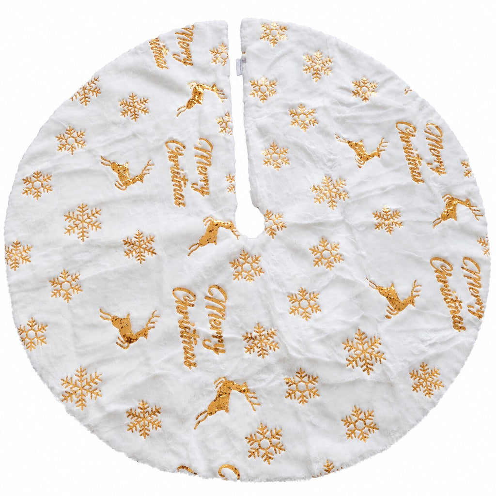 90cm White Plush Christmas Tree Skirt – Gold Reindeer & Snowflake Design