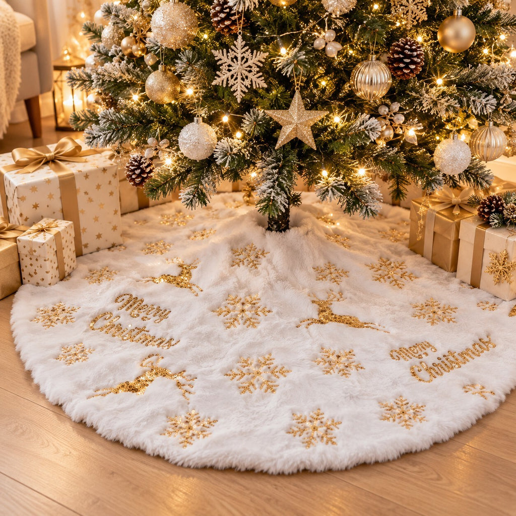 90cm White Plush Christmas Tree Skirt – Gold Reindeer & Snowflake Design
