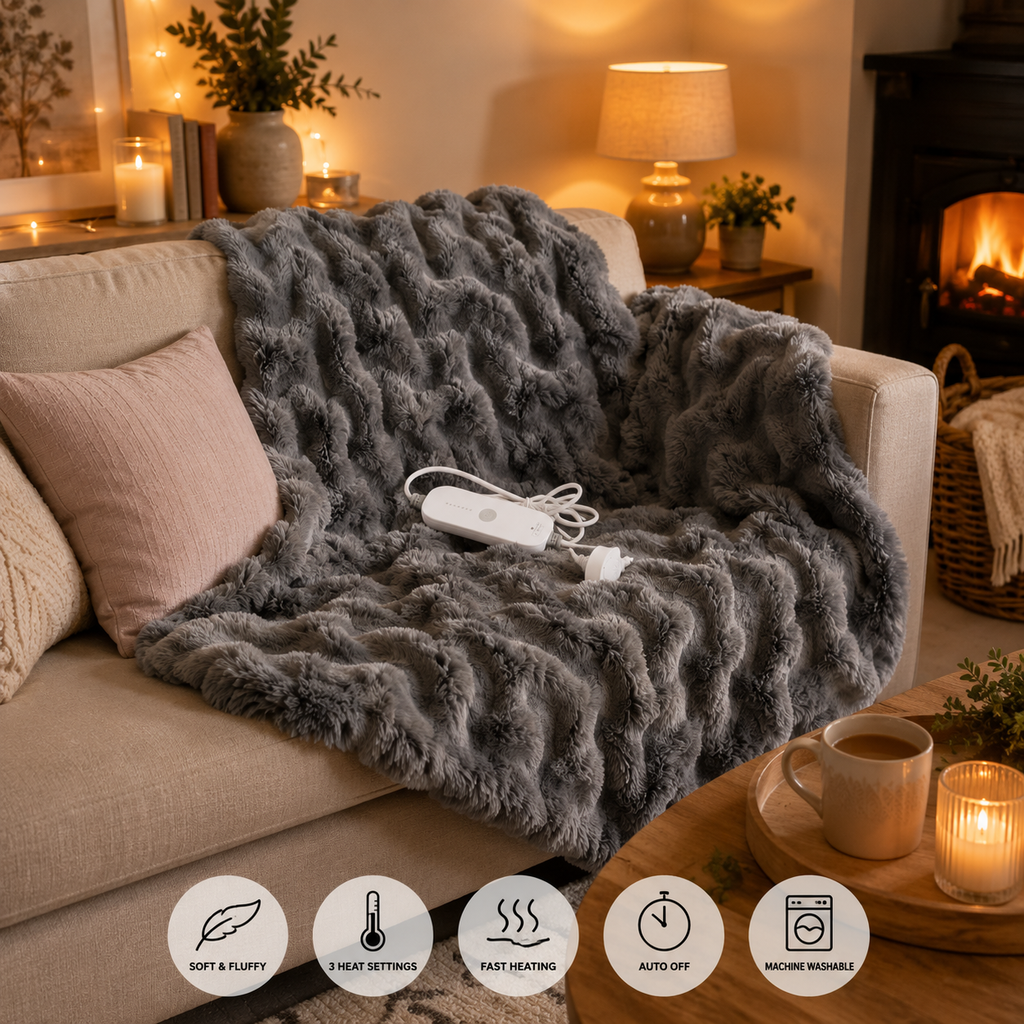 Luxury Electric Heated Throw Blanket – Grey Faux Fur & Velvet, 3 Heat Settings 130 × 180cm